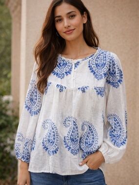 Lucky Brand White Peasant Blouse with Blue Paisley Print
